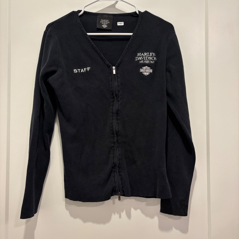 Harley-Davidson Museum Staff Zip Up Cardigan Sweater Black‎ Ribbed Knit Mens L